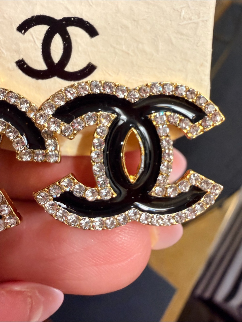 Black and Gold Crystal CC Logo Earring Studs | NEW - Picture 4 of 6